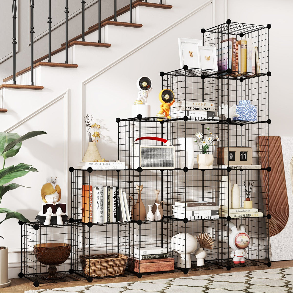 Stackable 16 Wire Cube Storage Organizer Metal Grids Storage Shelves-Black