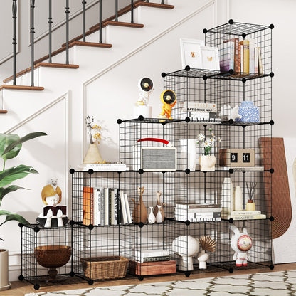 Stackable 16 Wire Cube Storage Organizer Metal Grids Storage Shelves-Black