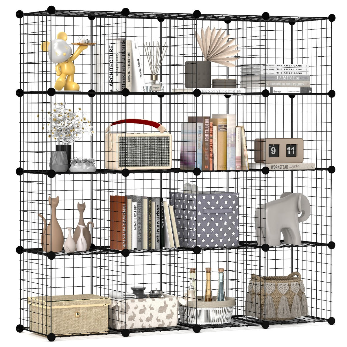 Stackable 16 Wire Cube Storage Organizer Metal Grids Storage Shelves-Black