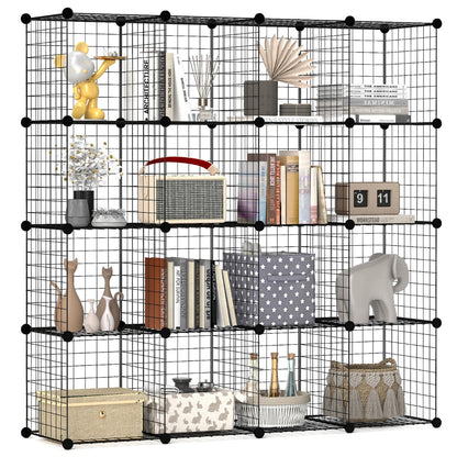 Stackable 16 Wire Cube Storage Organizer Metal Grids Storage Shelves-Black