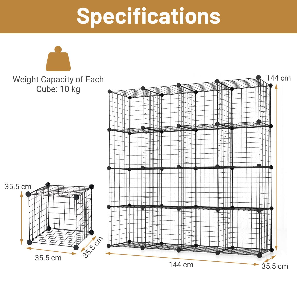 Stackable 16 Wire Cube Storage Organizer Metal Grids Storage Shelves-Black