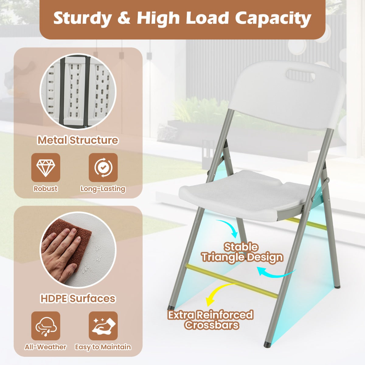 Stackable  Portable Plastic Seats with Metal Frame and Carrying Handle-White