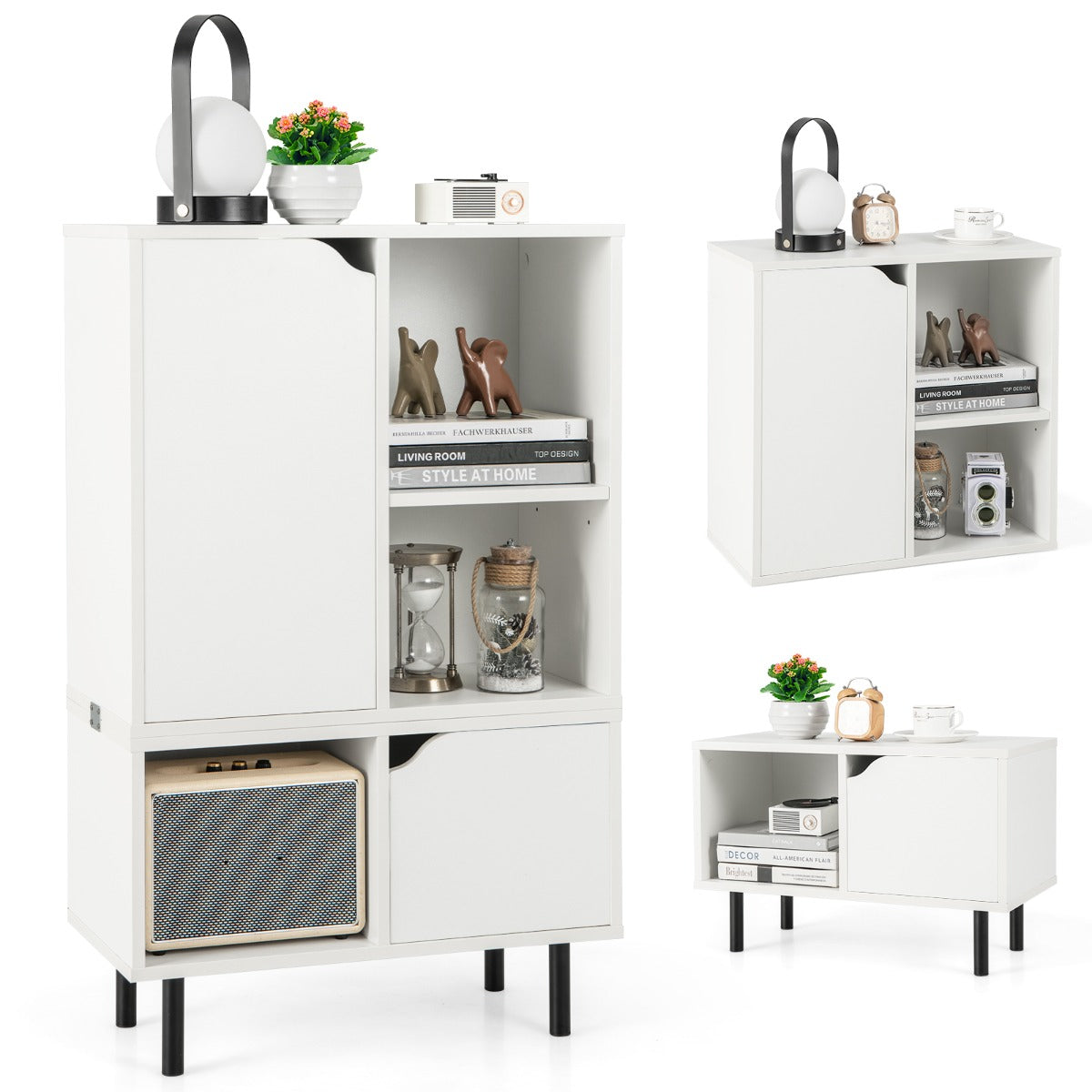 Stackable bookcase can be separated or combined using included metal hinges for flexible storage