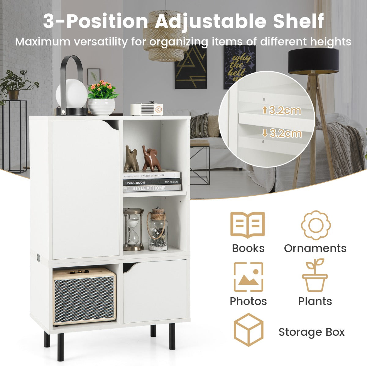 Three-position adjustable shelf accommodates books, plants, ornaments, boxes, and items of varying heights