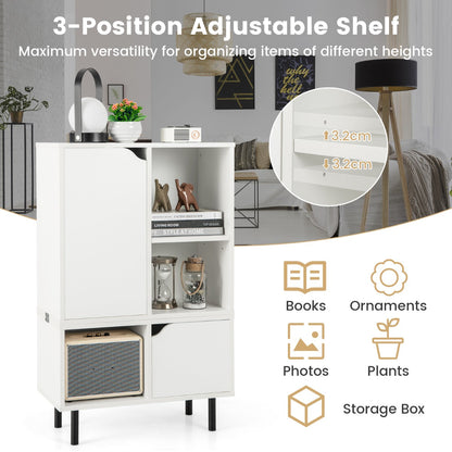 Three-position adjustable shelf accommodates books, plants, ornaments, boxes, and items of varying heights
