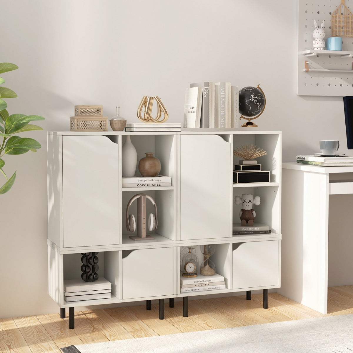 Two enclosed cabinets provide concealed storage for belongings that need a tidy appearance