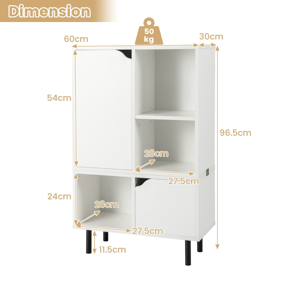 Modern freestanding bookshelf combines open cubes, enclosed cabinets, and a wide display top