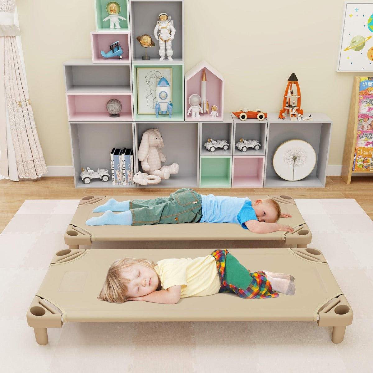 Stackable Daycare Cot with Easy Lift Corner and Detachable Oxford Cloth-Beige