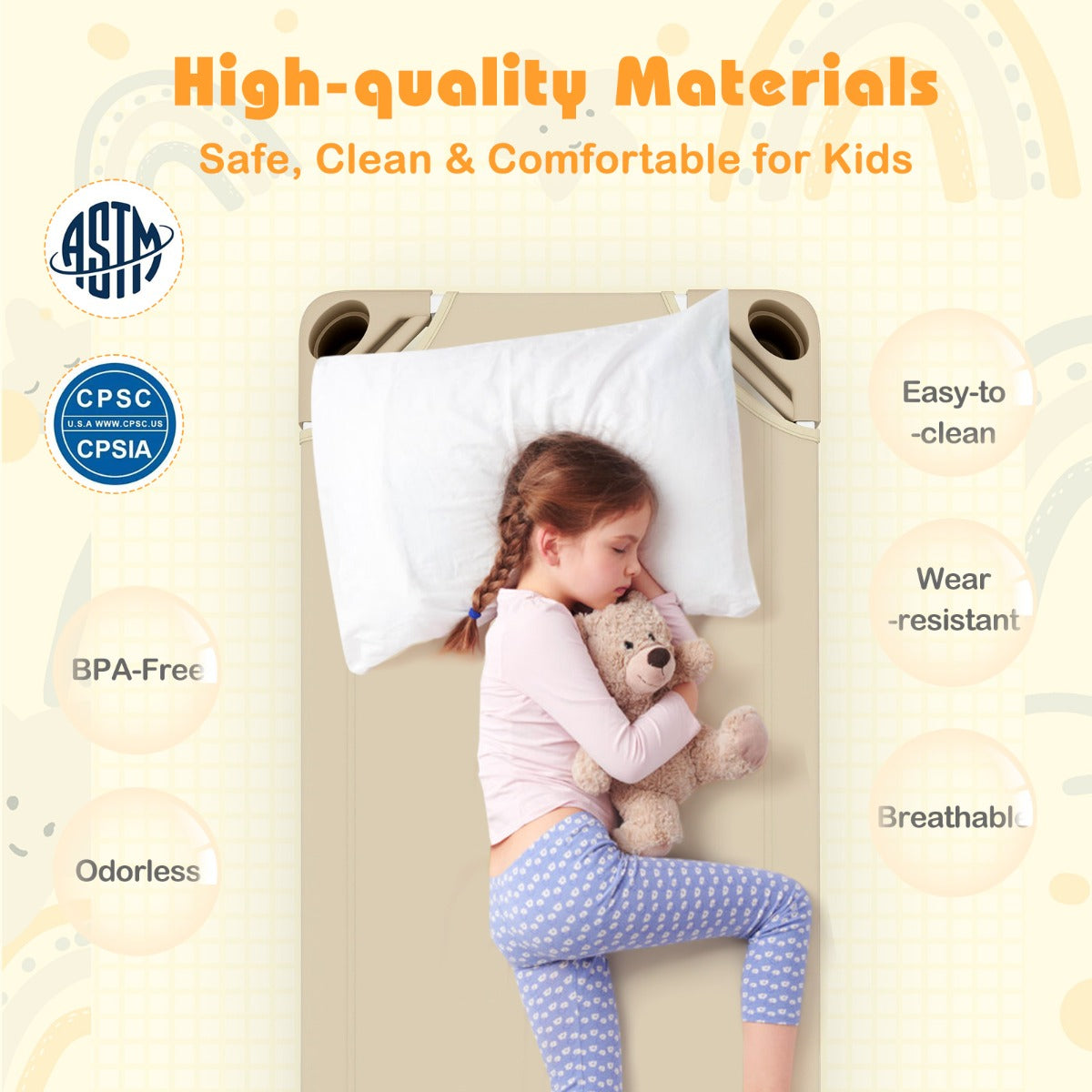 Stackable Daycare Cot with Easy Lift Corner and Detachable Oxford Cloth-Beige