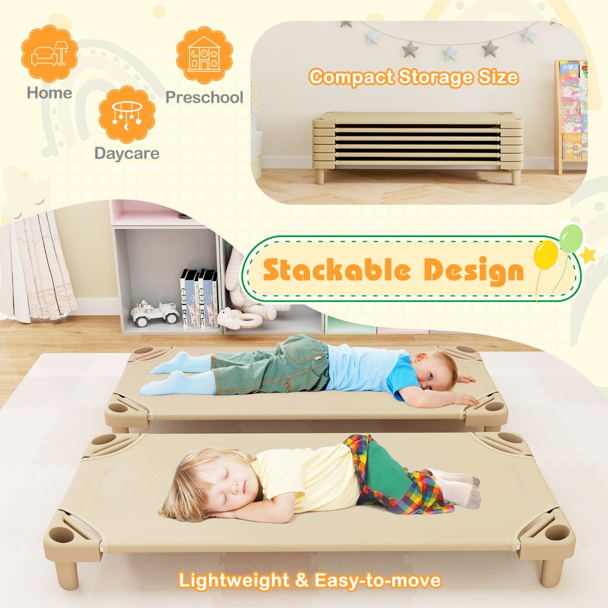 Stackable Daycare Cot with Easy Lift Corner and Detachable Oxford Cloth-Beige
