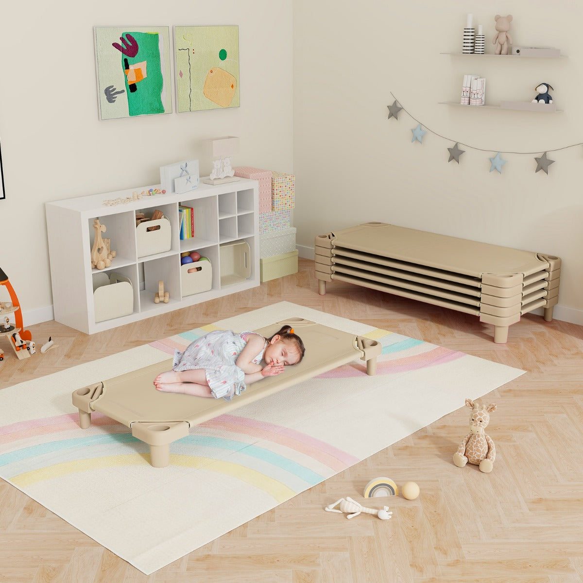 Stackable Daycare Cot with Easy Lift Corner and Detachable Oxford Cloth-Beige