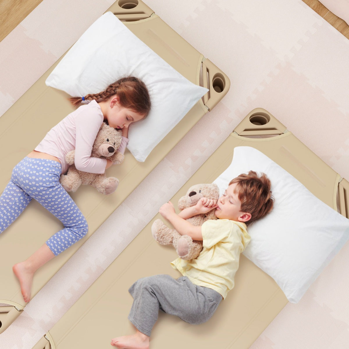 Stackable Daycare Cot with Easy Lift Corner and Detachable Oxford Cloth-Beige