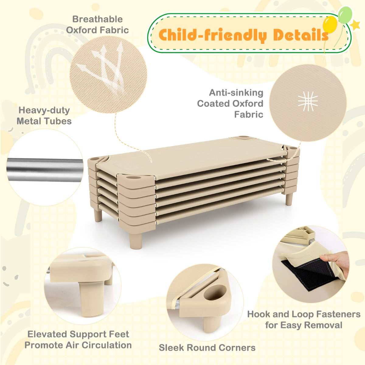 Stackable Daycare Cot with Easy Lift Corner and Detachable Oxford Cloth-Beige