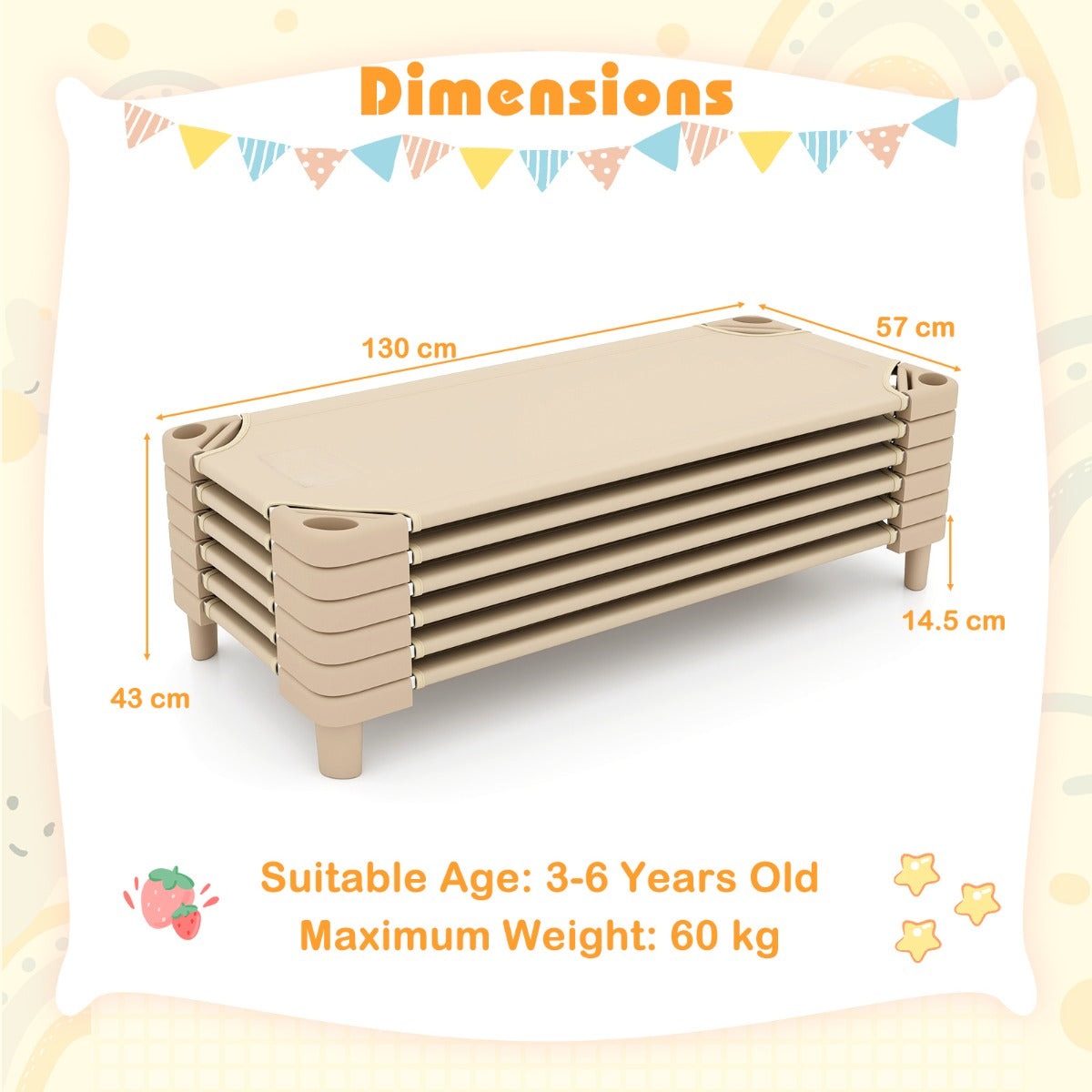 Stackable Daycare Cot with Easy Lift Corner and Detachable Oxford Cloth-Beige