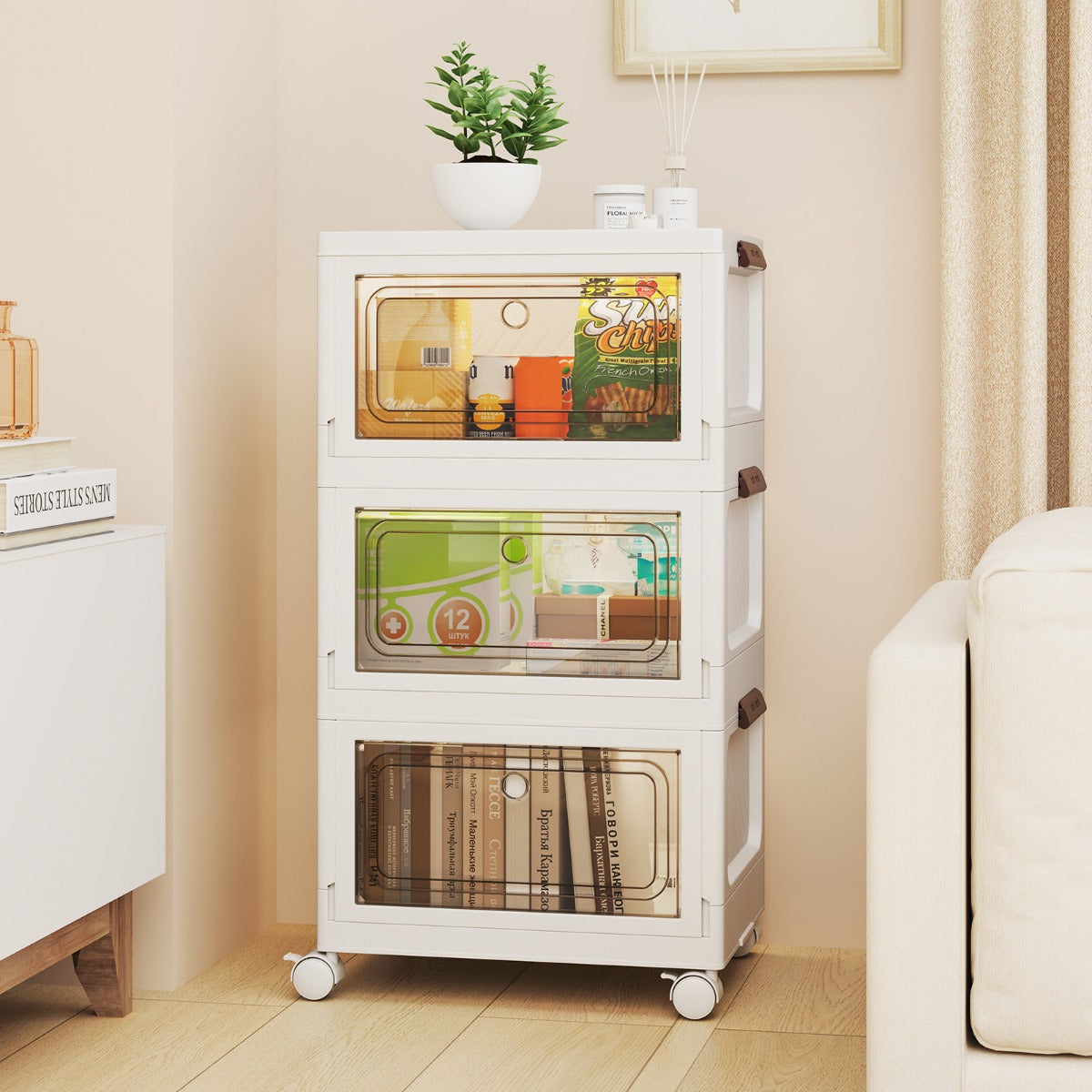 3-Pack 75/105 L Stackable Storage Bins Collapsible Storage Boxes-White-M