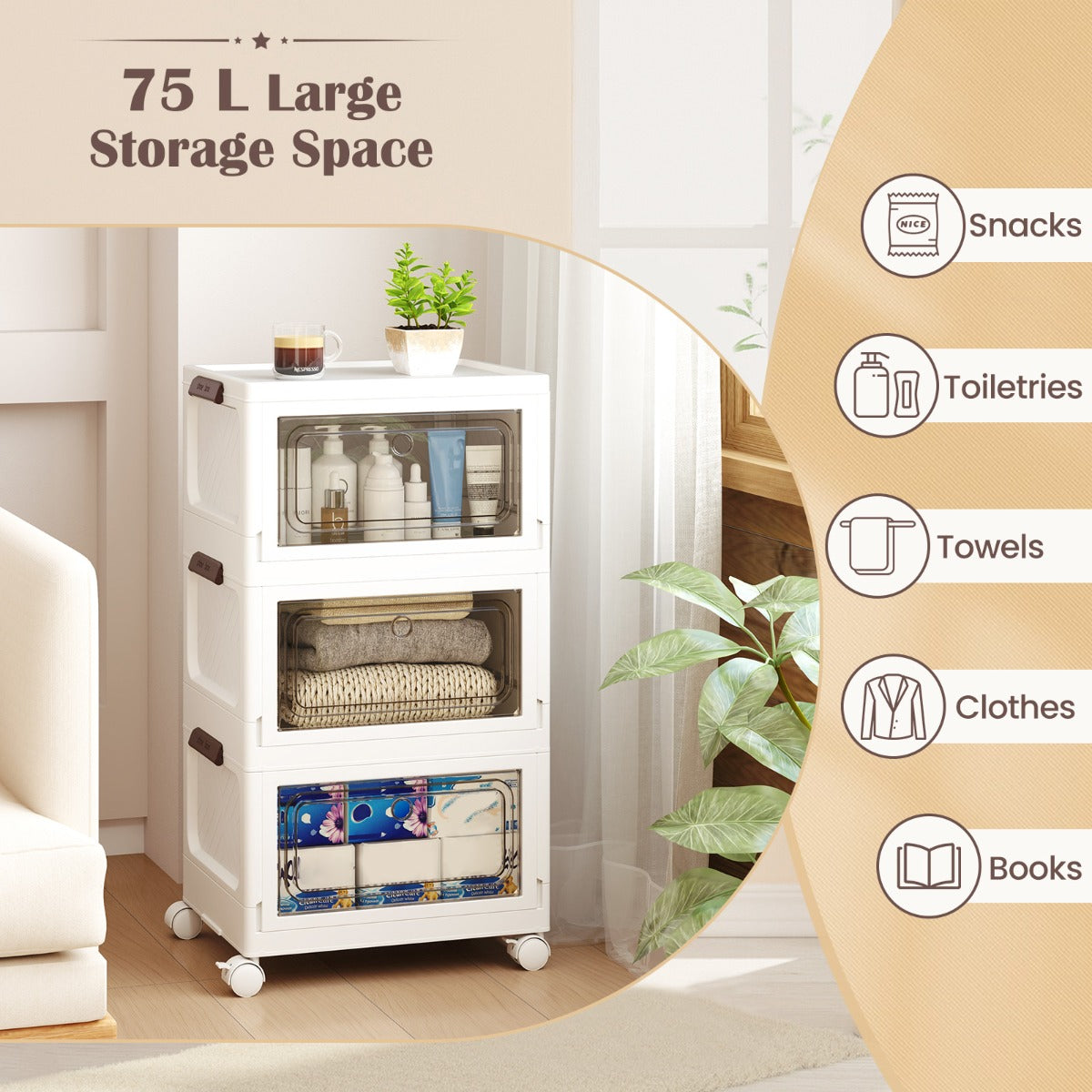 3-Pack 75/105 L Stackable Storage Bins Collapsible Storage Boxes-White-M