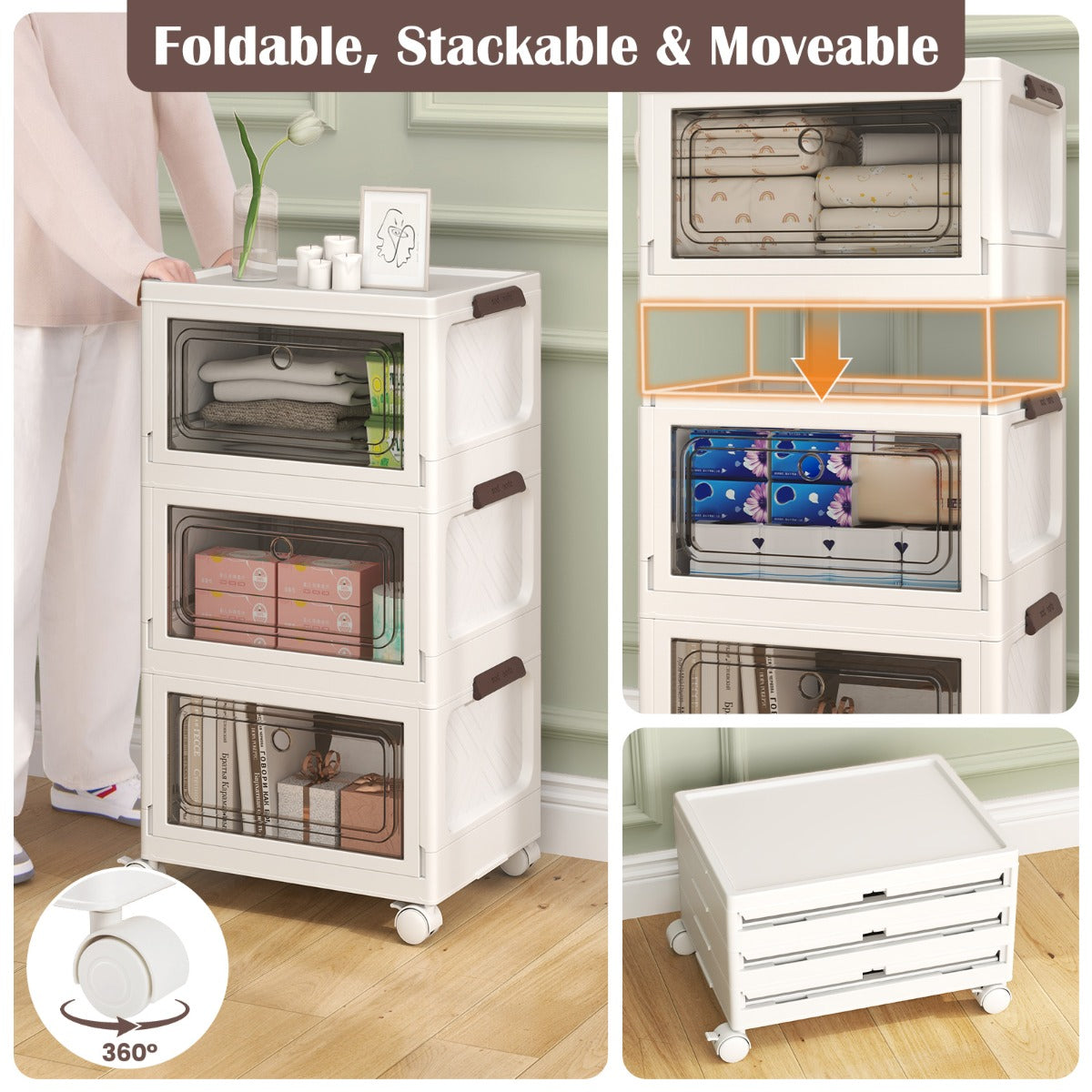 3-Pack 75/105 L Stackable Storage Bins Collapsible Storage Boxes-White-M