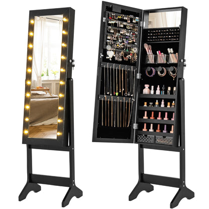 Standing Jewelry Armoire Organizer with Full-Length Mirror-Black