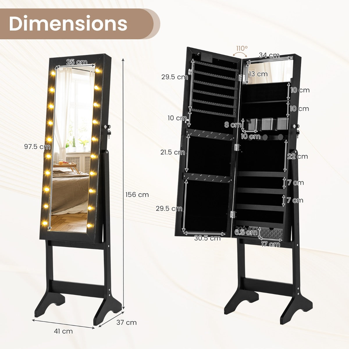 Standing Jewelry Armoire Organizer with Full-Length Mirror-Black