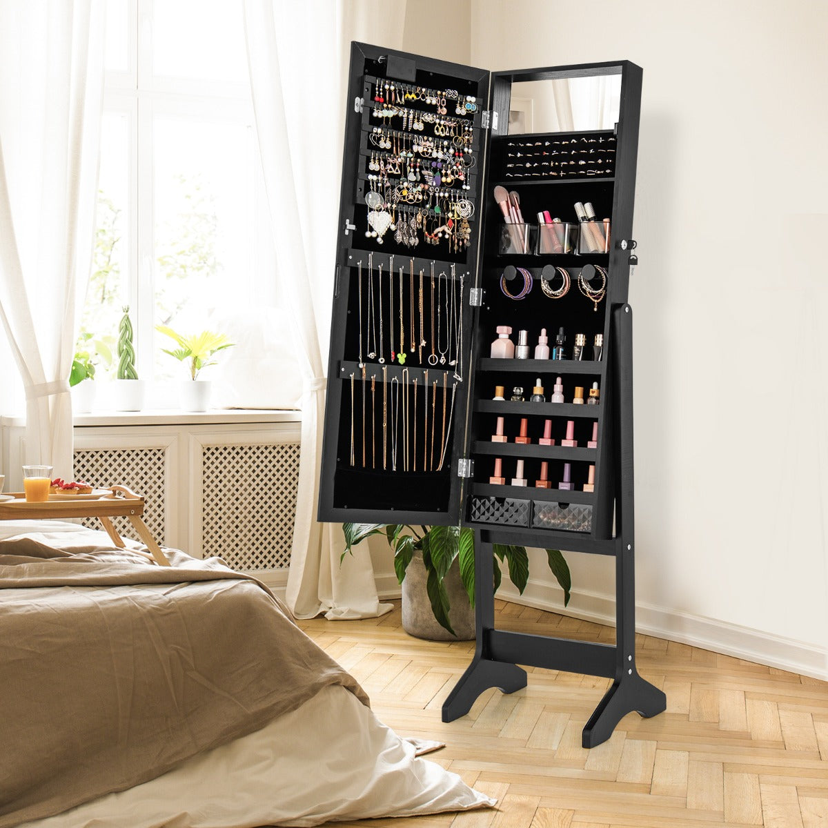 Standing Jewelry Armoire Organizer with Full-Length Mirror-Black