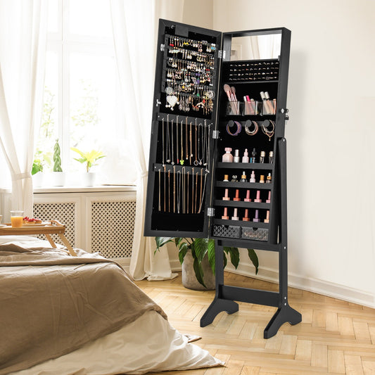 Standing Jewelry Armoire Organizer with Full-Length Mirror-Black