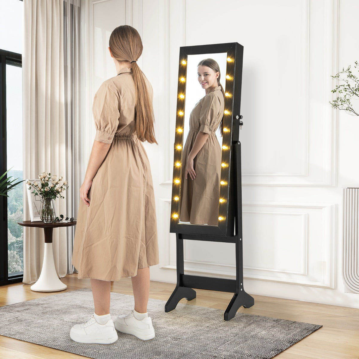 Standing Jewelry Armoire Organizer with Full-Length Mirror-Black