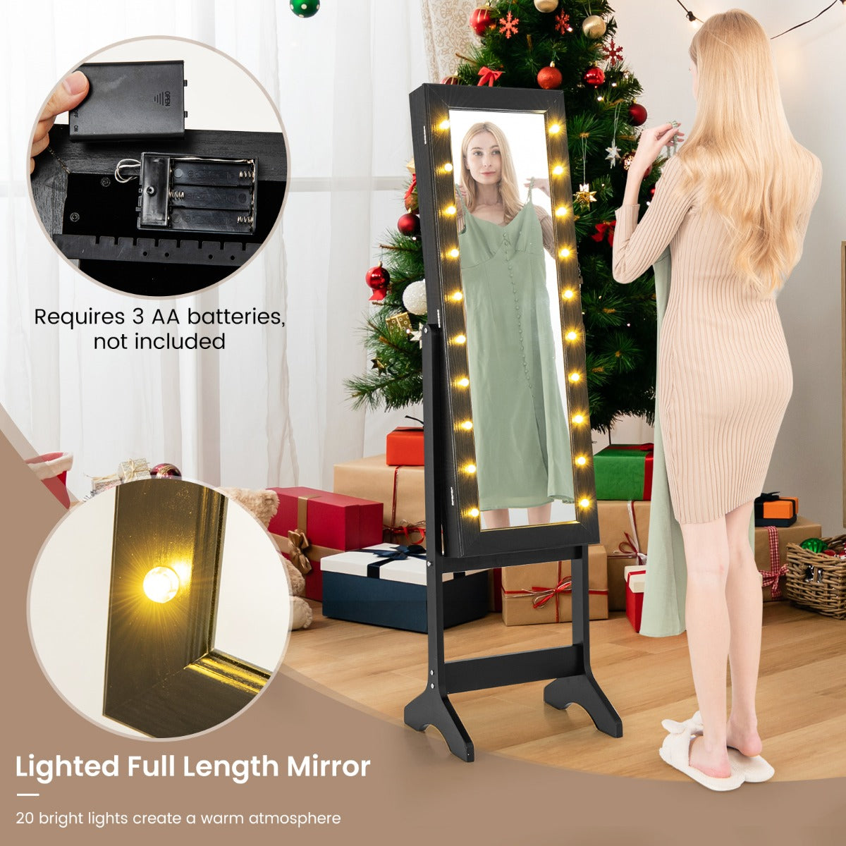 Standing Jewelry Armoire Organizer with Full-Length Mirror-Black