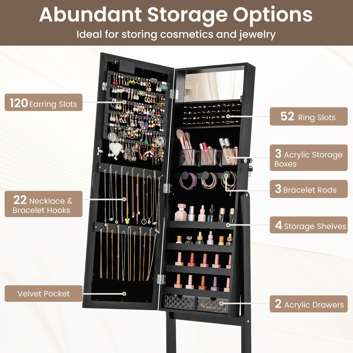 Standing Jewelry Armoire Organizer with Full-Length Mirror-Black