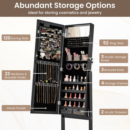 Standing Jewelry Armoire Organizer with Full-Length Mirror-Black