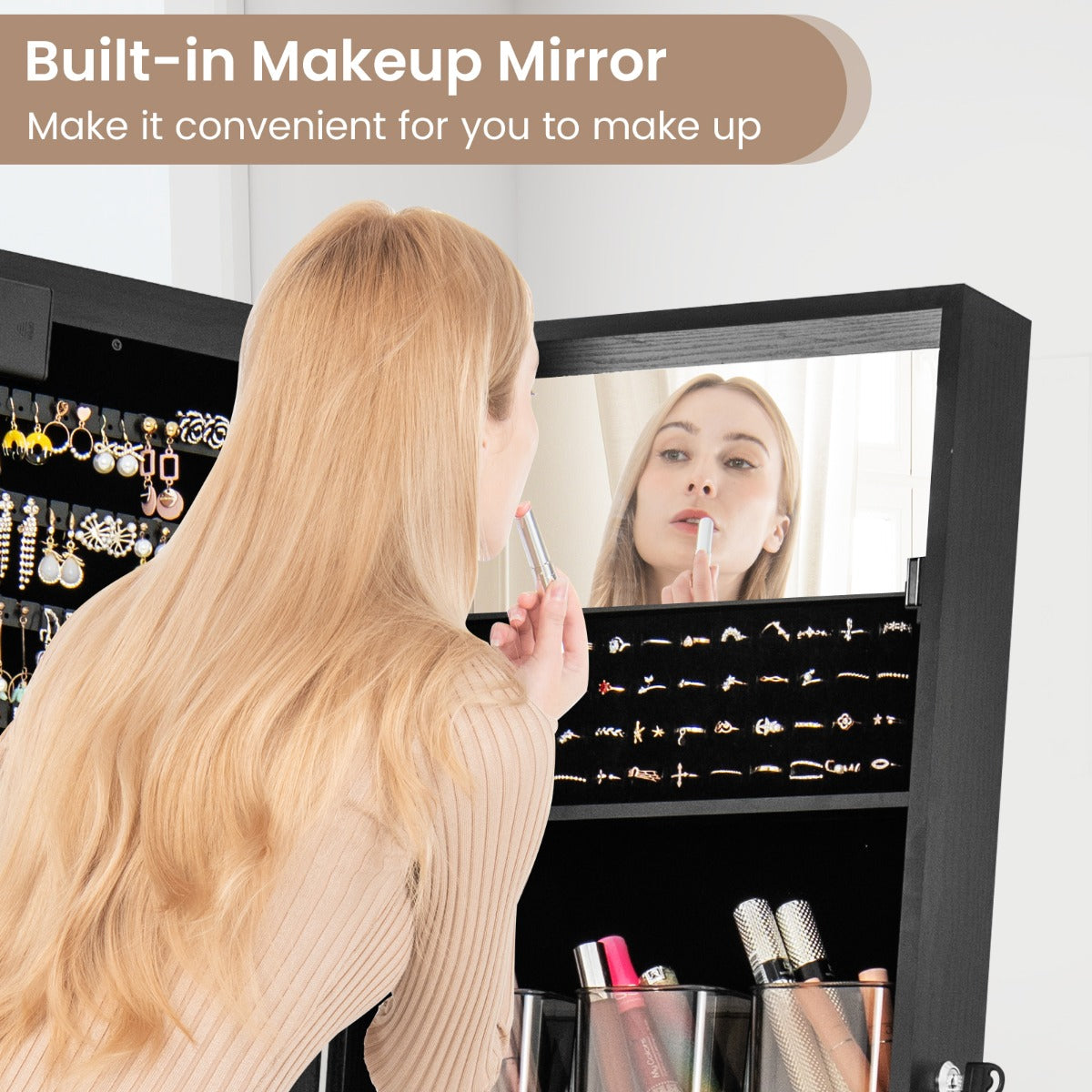 Standing Jewelry Armoire Organizer with Full-Length Mirror-Black