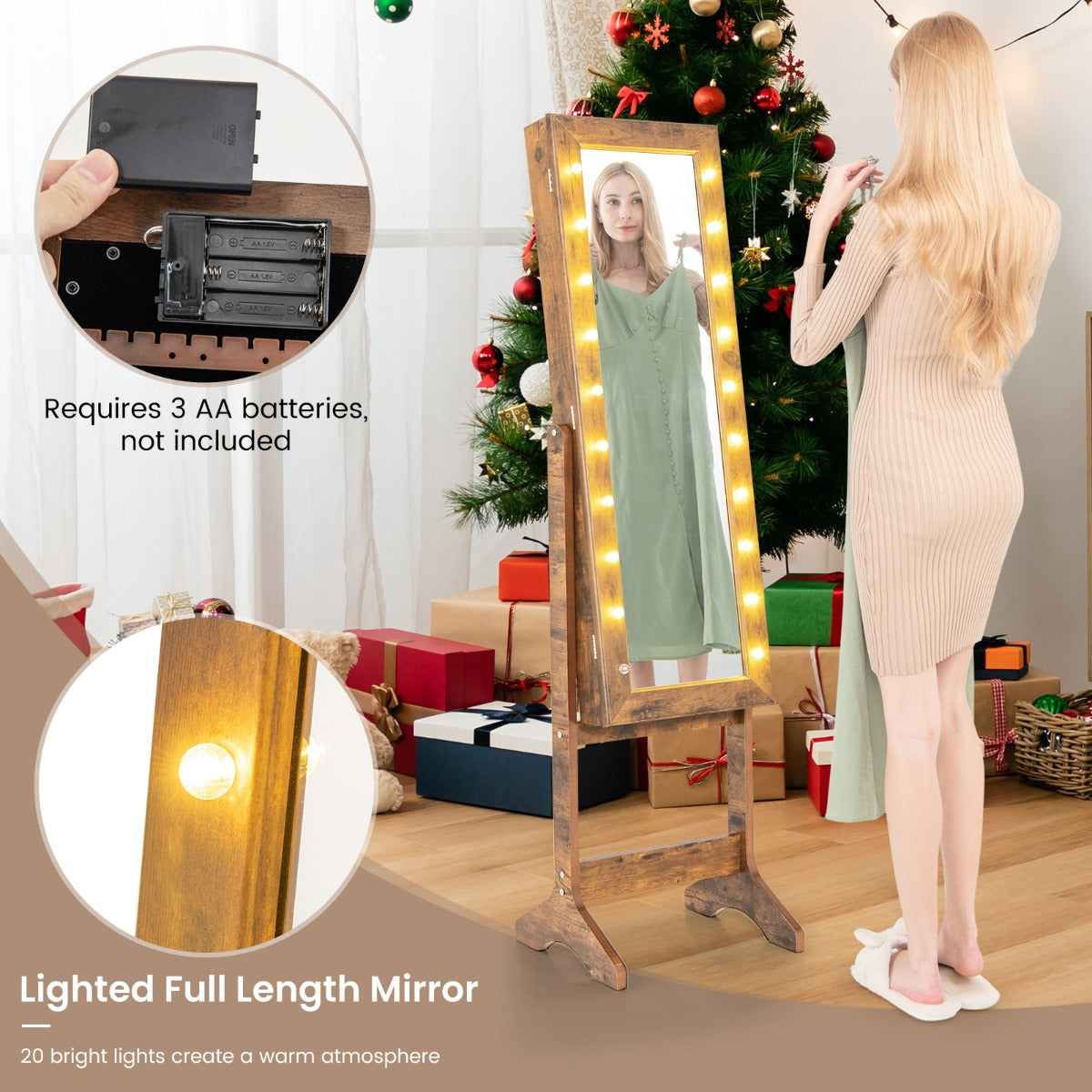Standing Jewelry Armoire Organizer with Full-Length Mirror-Rustic Brown