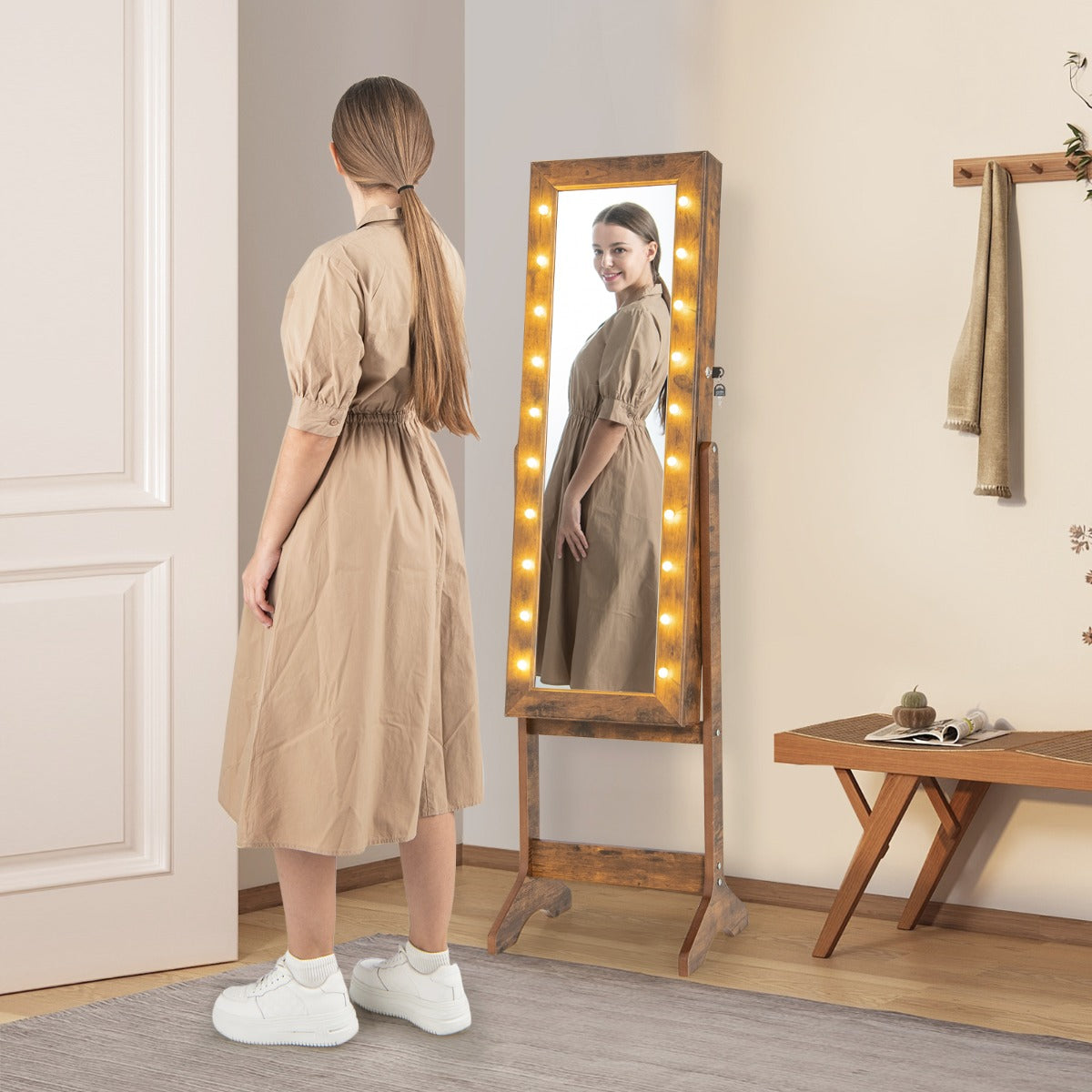Standing Jewelry Armoire Organizer with Full-Length Mirror-Rustic Brown