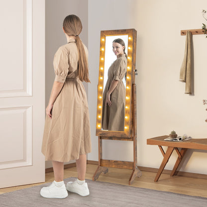 Standing Jewelry Armoire Organizer with Full-Length Mirror-Rustic Brown