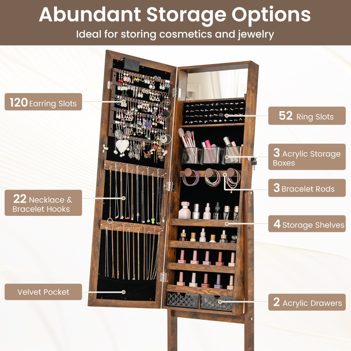 Standing Jewelry Armoire Organizer with Full-Length Mirror-Rustic Brown