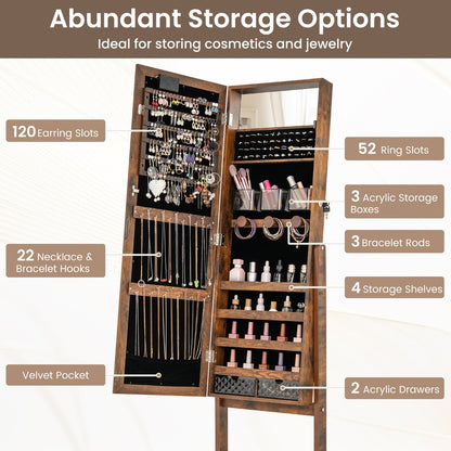 Standing Jewelry Armoire Organizer with Full-Length Mirror-Rustic Brown