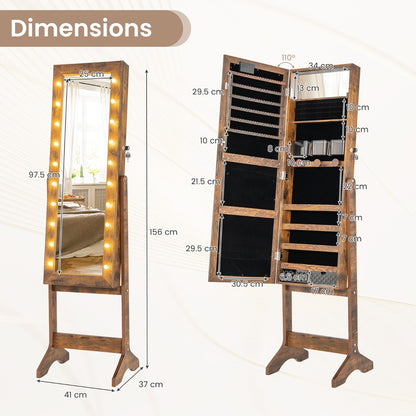 Standing Jewelry Armoire Organizer with Full-Length Mirror-Rustic Brown