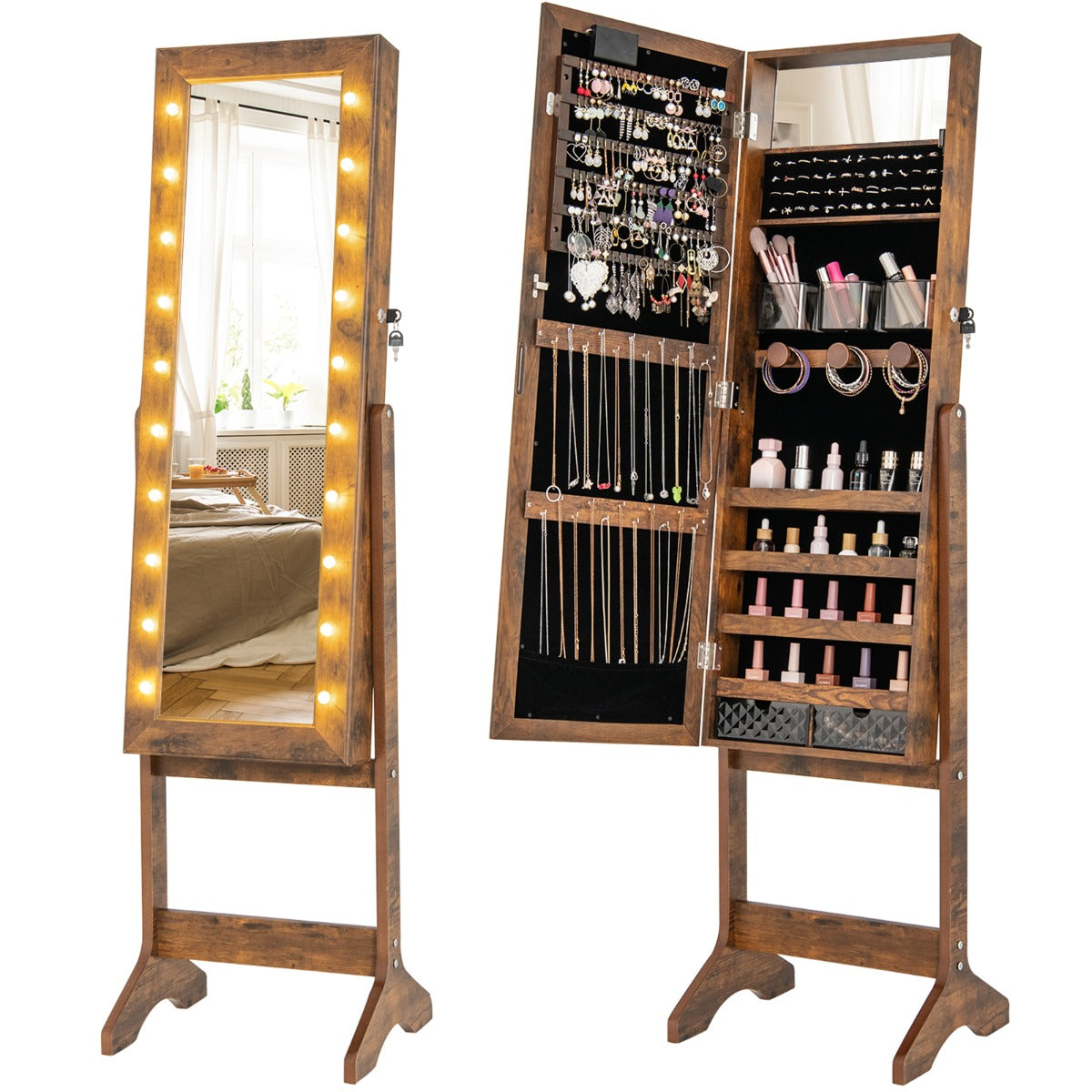 Standing Jewelry Armoire Organizer with Full-Length Mirror-Rustic Brown