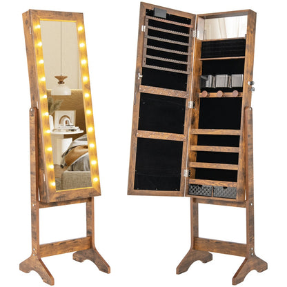 Standing Jewelry Armoire Organizer with Full-Length Mirror-Rustic Brown