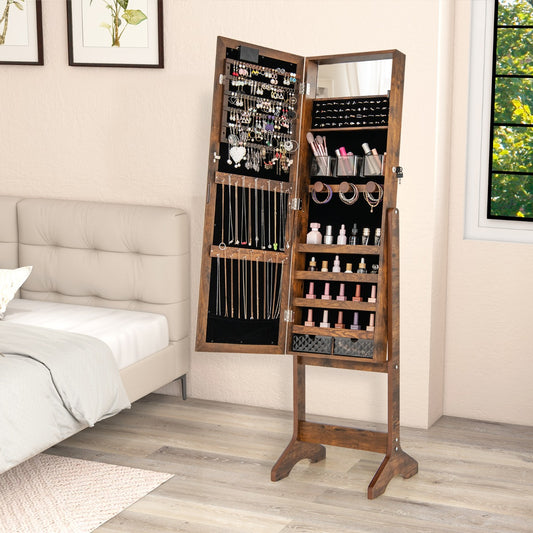 Standing Jewelry Armoire Organizer with Full-Length Mirror-Rustic Brown