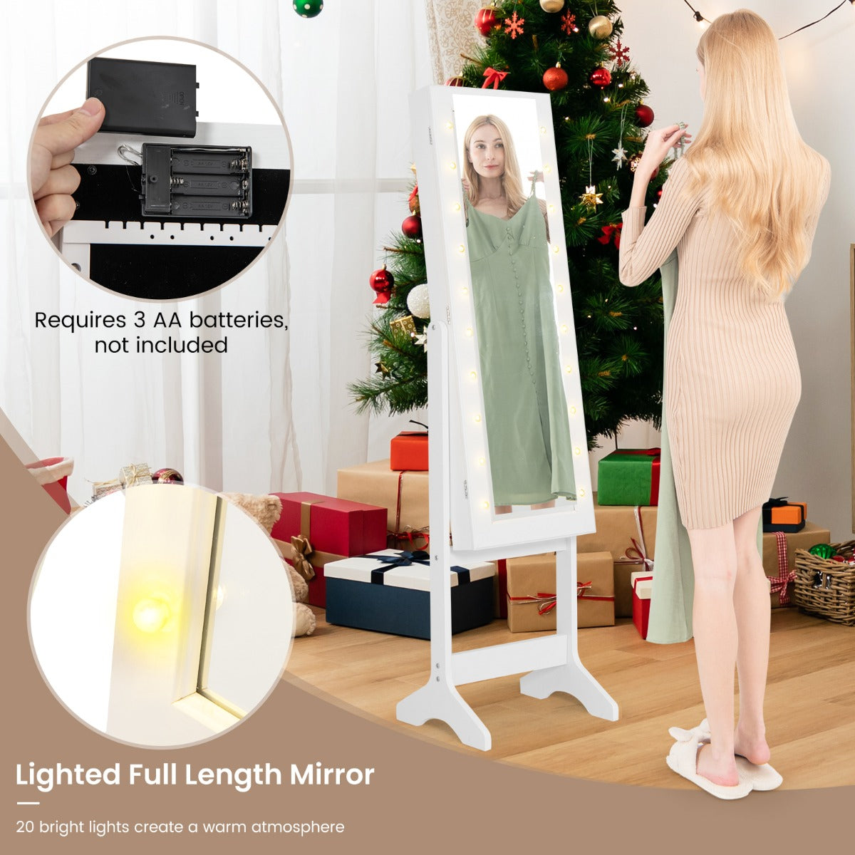 Standing Jewelry Armoire Organizer with Full-Length Mirror-White