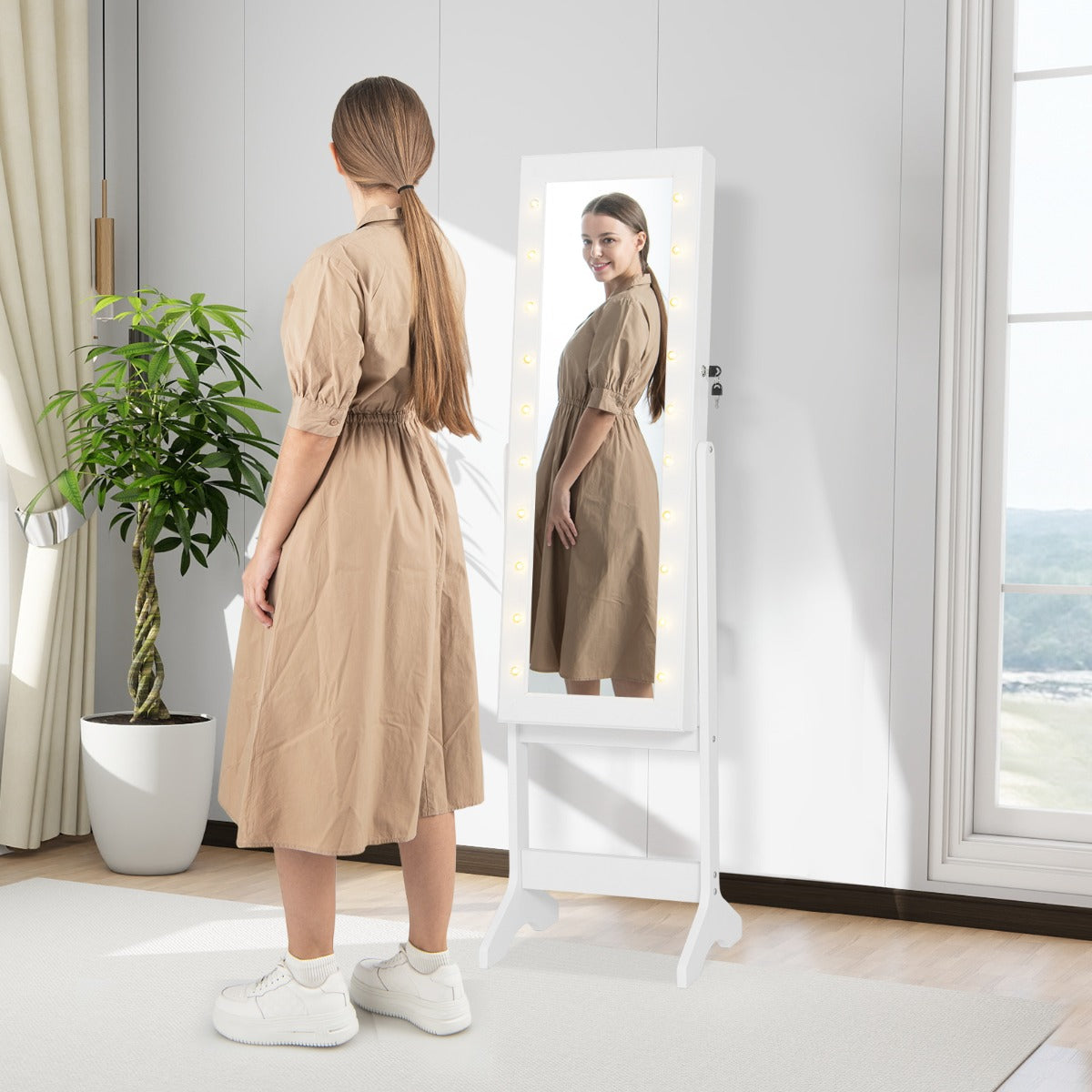 Standing Jewelry Armoire Organizer with Full-Length Mirror-White