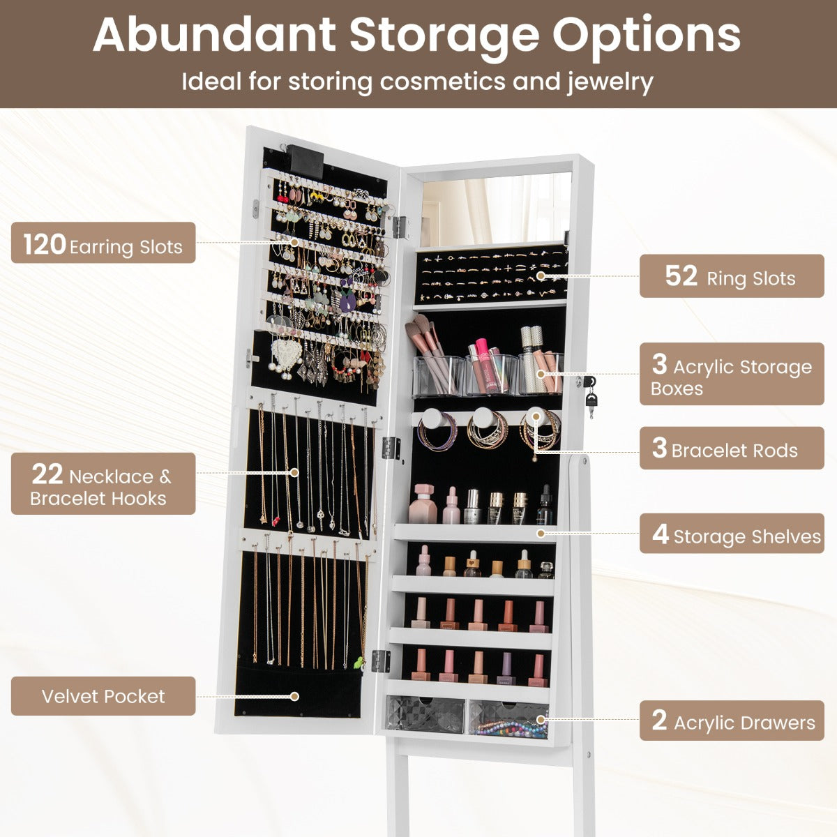 Standing Jewelry Armoire Organizer with Full-Length Mirror-White