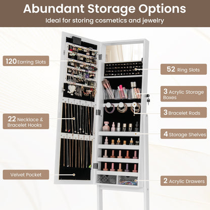 Standing Jewelry Armoire Organizer with Full-Length Mirror-White
