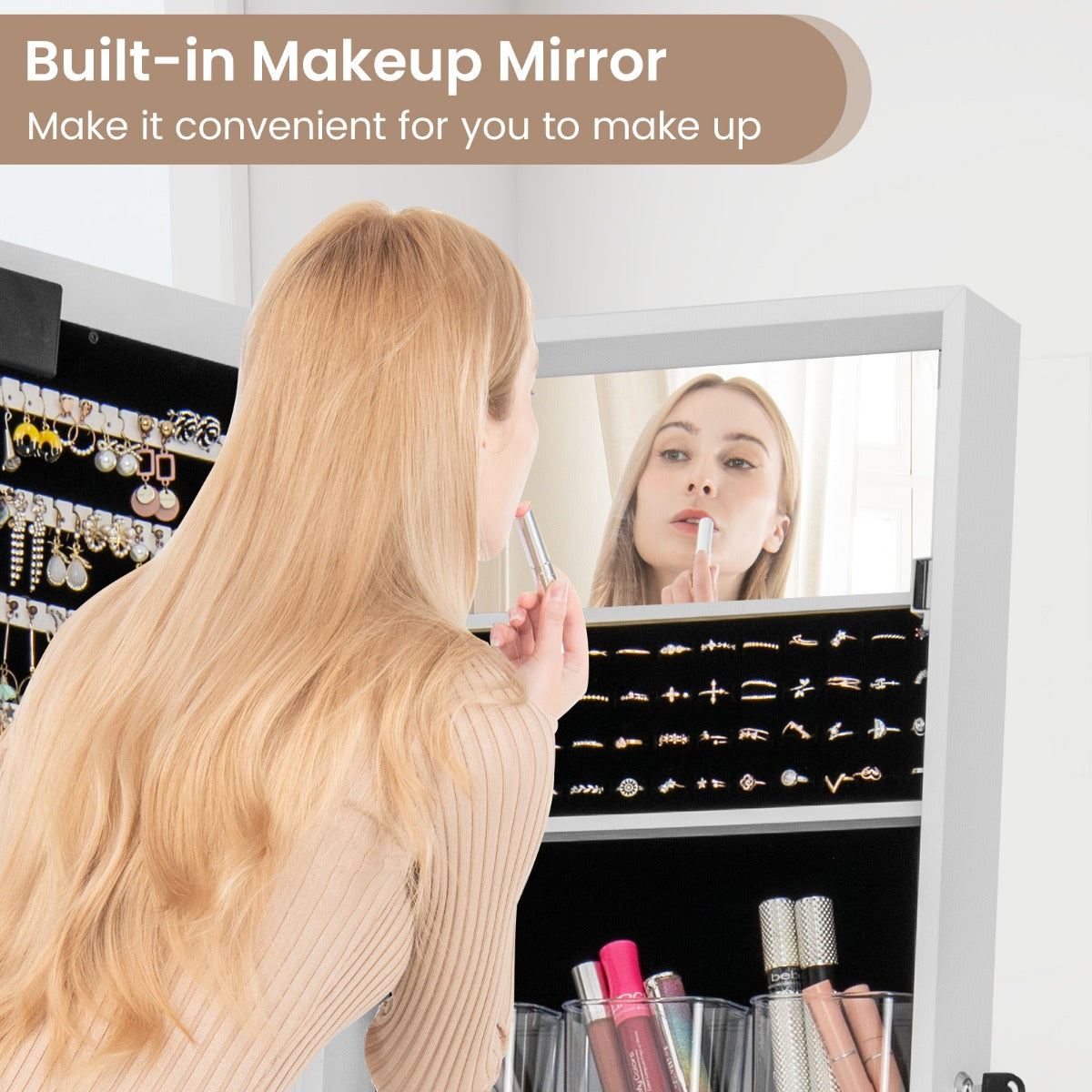 Standing Jewelry Armoire Organizer with Full-Length Mirror-White