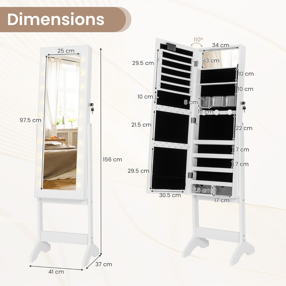 Standing Jewelry Armoire Organizer with Full-Length Mirror-White