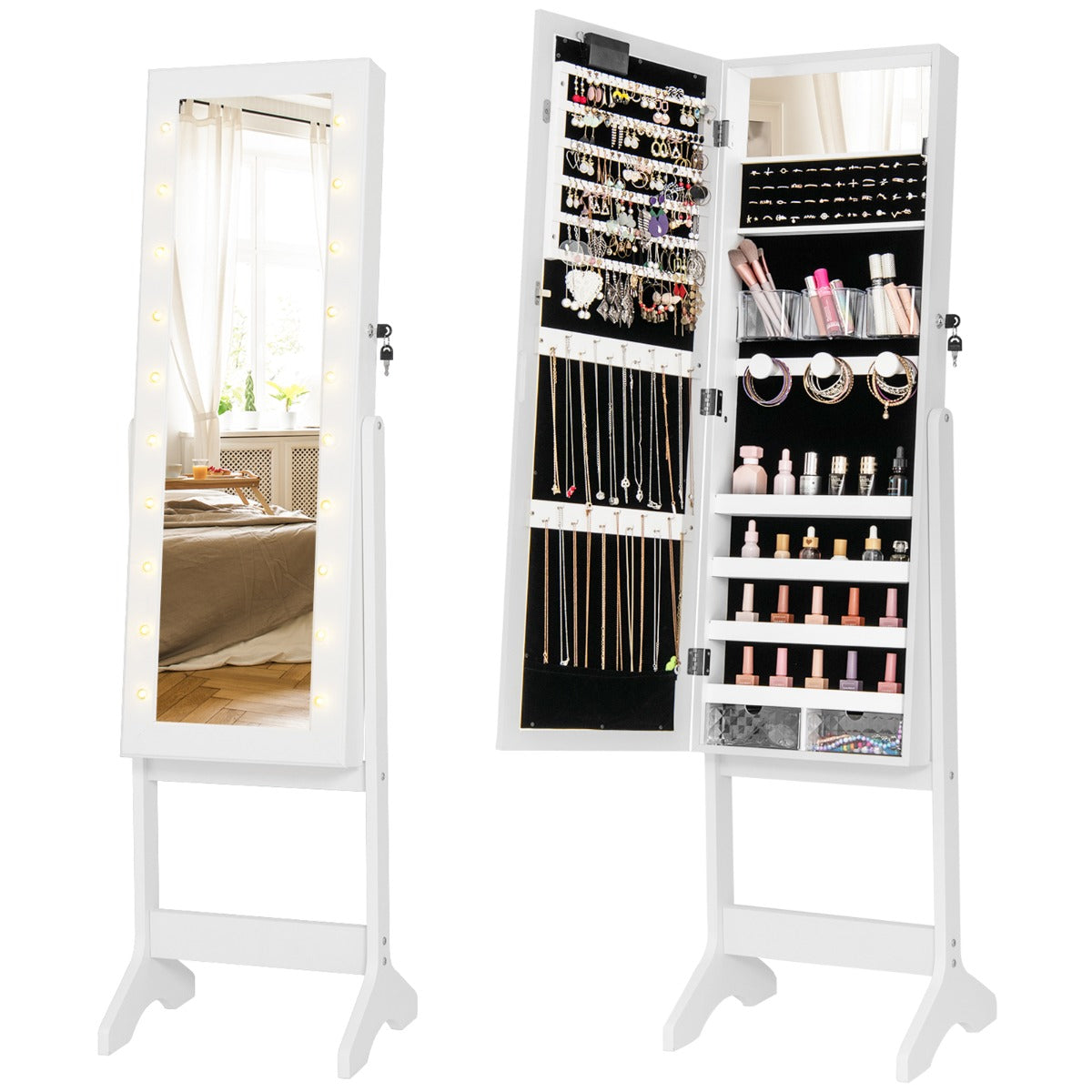 Standing Jewelry Armoire Organizer with Full-Length Mirror-White