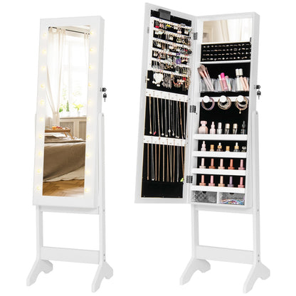 Standing Jewelry Armoire Organizer with Full-Length Mirror-White