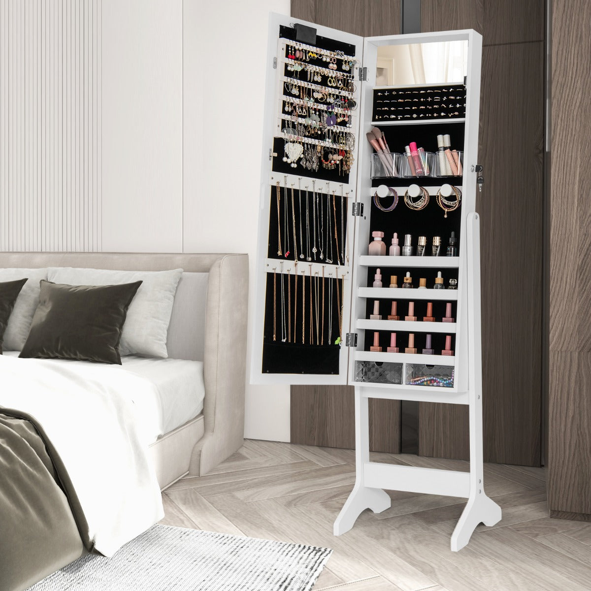 Standing Jewelry Armoire Organizer with Full-Length Mirror-White