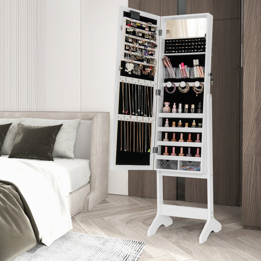 Standing Jewelry Armoire Organizer with Full-Length Mirror-White