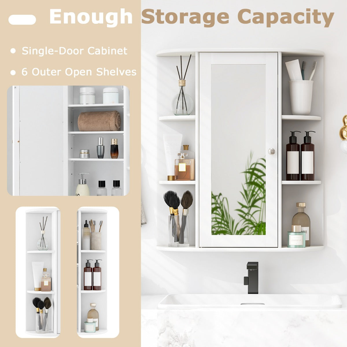 70cm Wall Mounted Storage Cabinet with Single Mirror Door-White